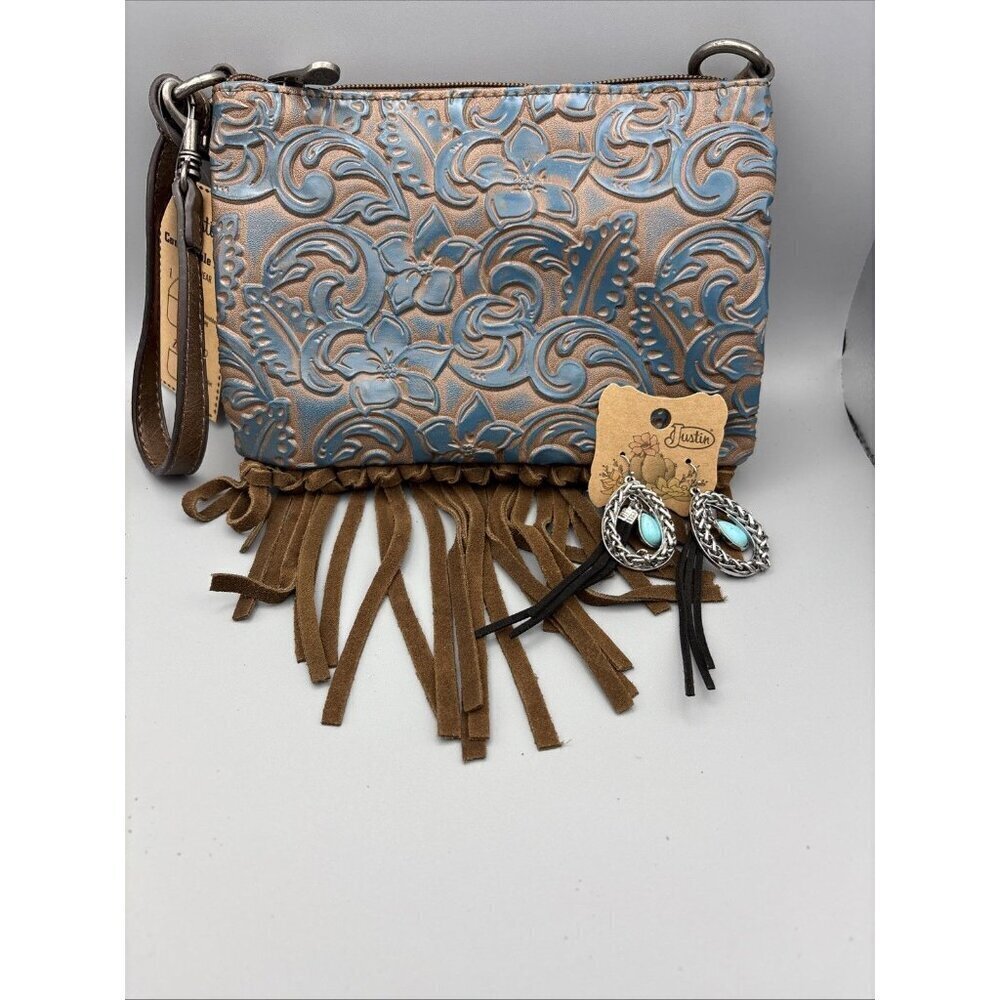 Justin Convertible Bag Wristlet & Earrings Brown Blue Embossed Fringe Western - Picture 5 of 6